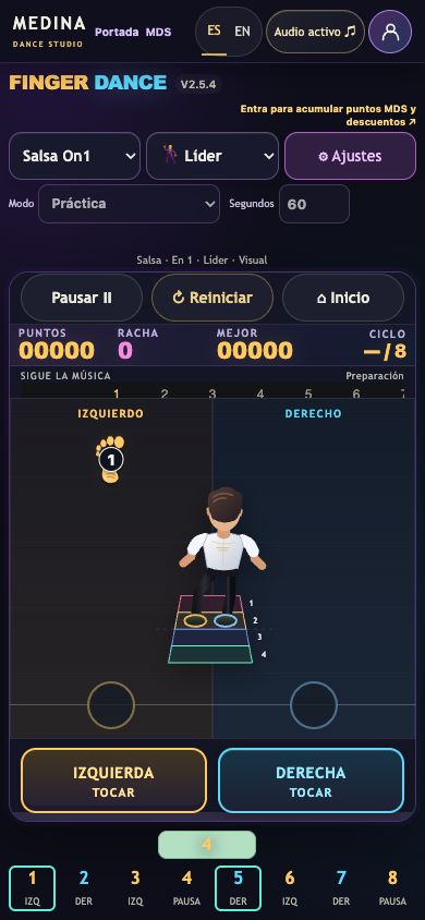Captura real de Finger Dance en un teléfono: carriles de salsa, huellas y botones táctiles